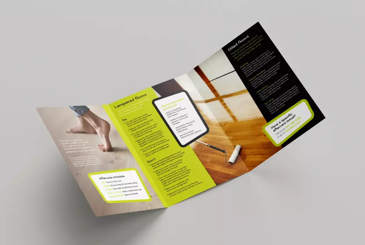 Mock up of the Mr Sander aftercare leaflet showing all the inner pages