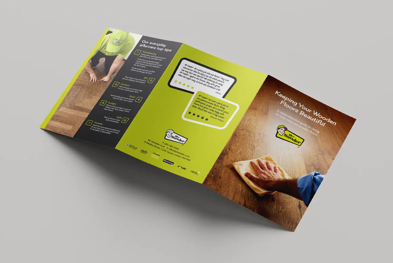 Mock up of the Mr Sander aftercare leaflet showing the outer pages