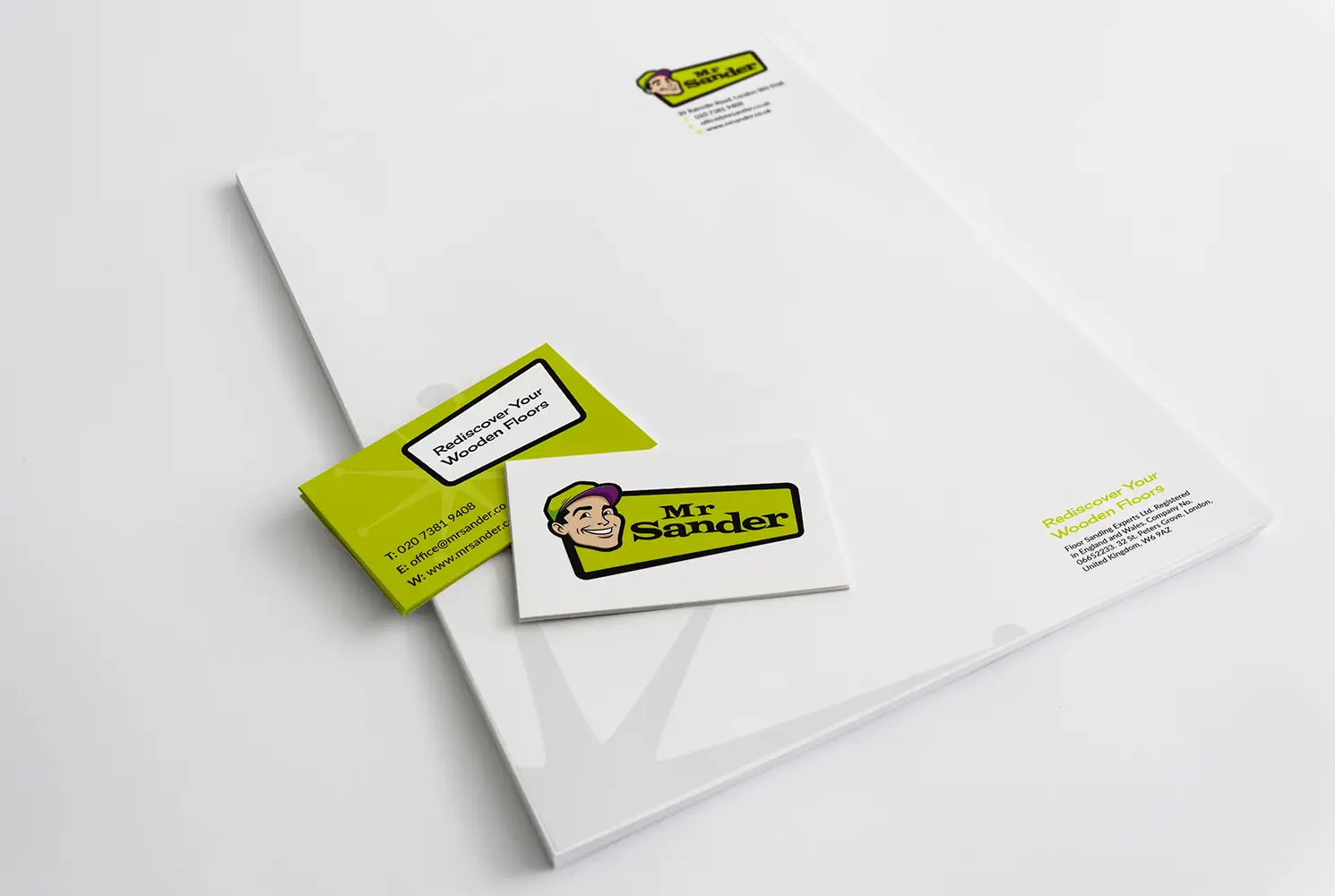 Mock up of the Mr Sander business card and letterhead