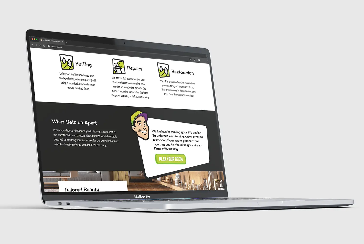 A mockup of the new Mr Sander website design shown on a MacBook Pro laptop