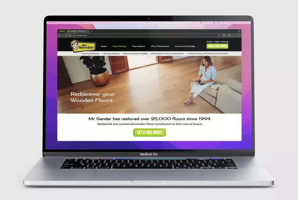 A mockup of the new Mr Sander website design shown on a MacBook Pro laptop