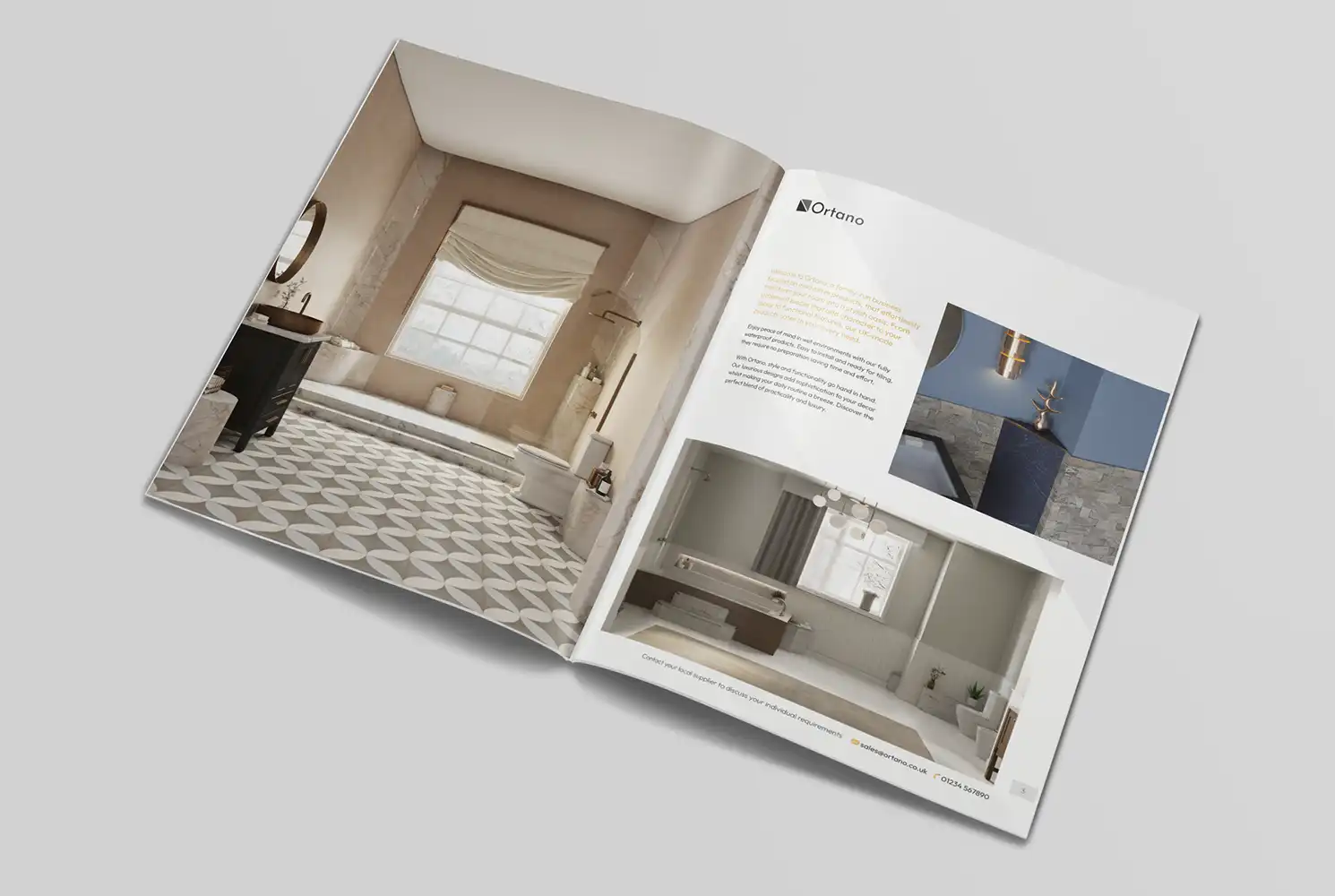 Mockup of Ortano accessories brochure design showing a double page spread of lifestyle pages