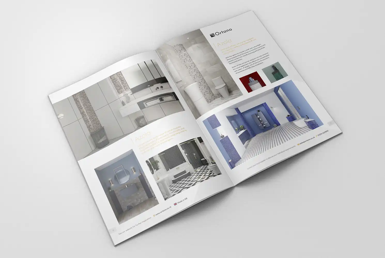Mockup of Ortano accessories brochure design showing a double page spread of lifestyle pages