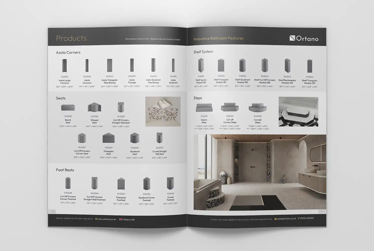 Mockup of Ortano accessories brochure design showing a double page spread of product pages