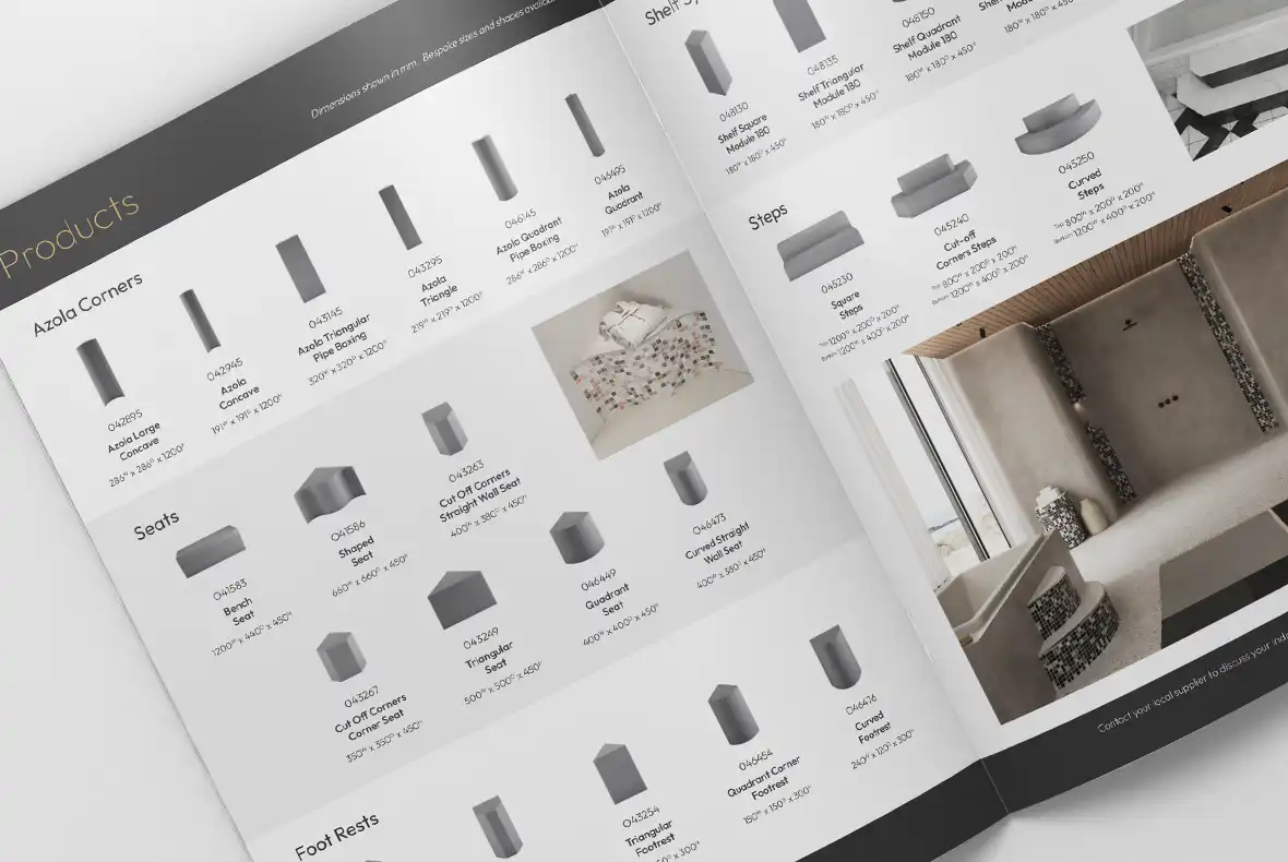Close up of Ortano brochure showing a double page spread of product pages