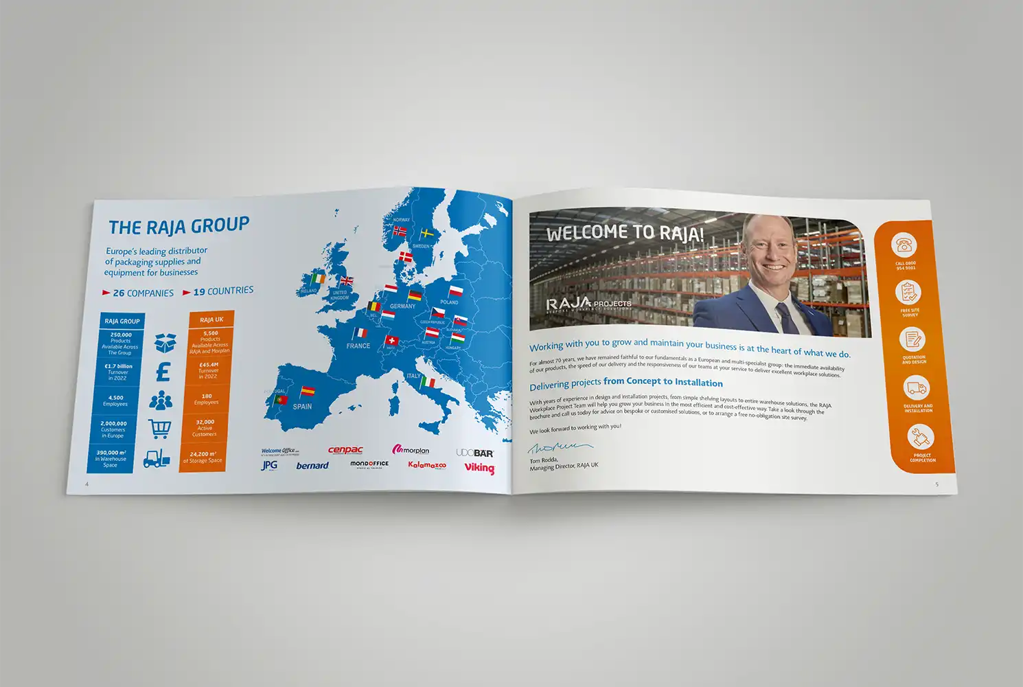 Mockup of RAJA RWP brochure showing a double page spread design