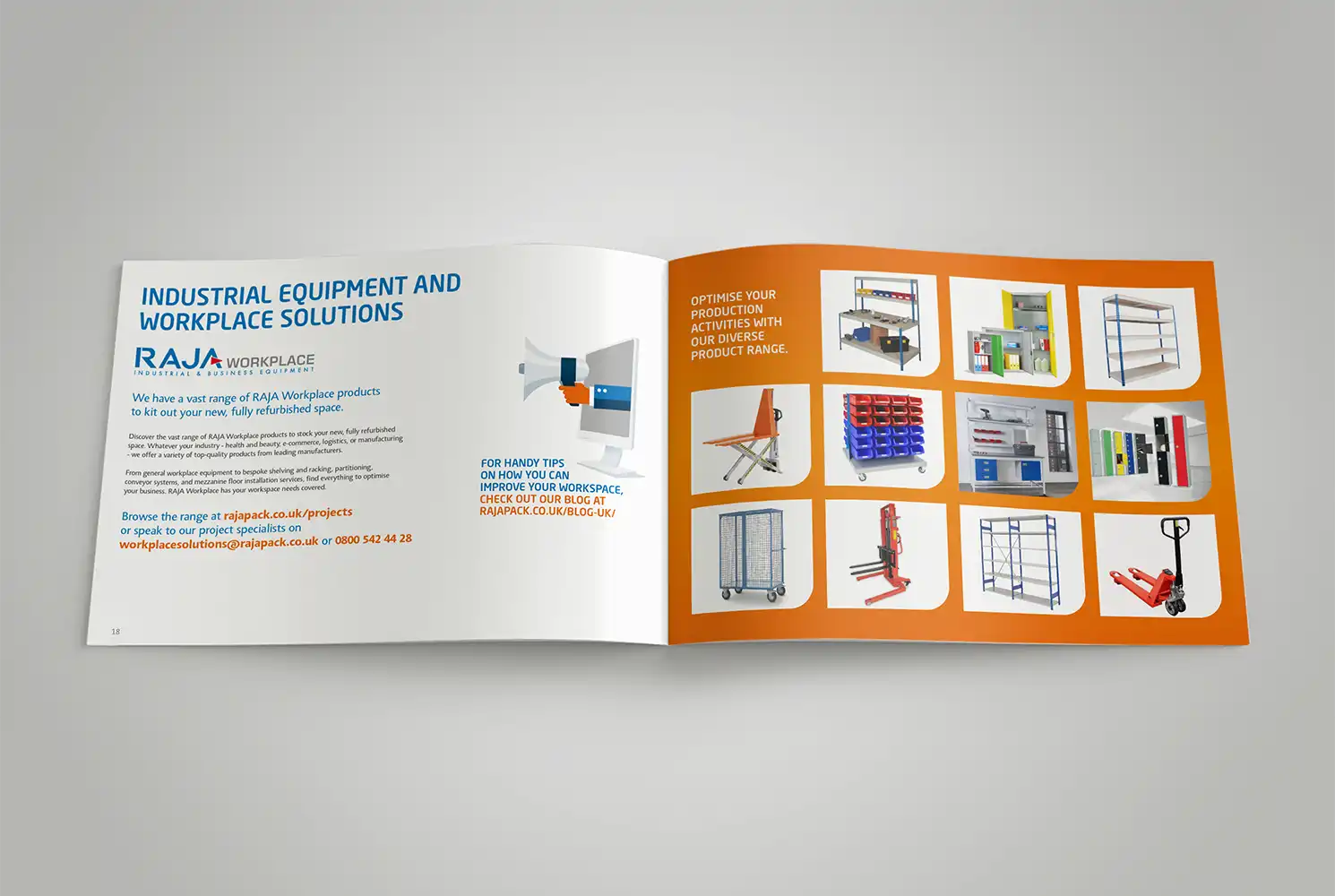 Mockup of RAJA RWP brochure showing a double page spread design