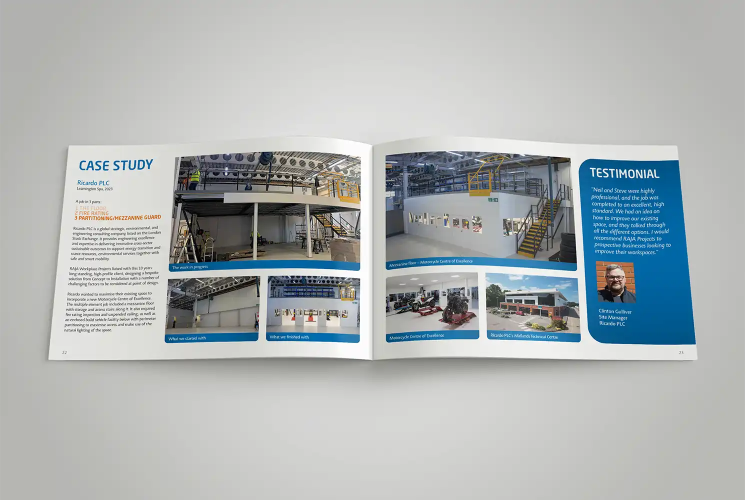 Mockup of RAJA RWP brochure showing a double page spread design