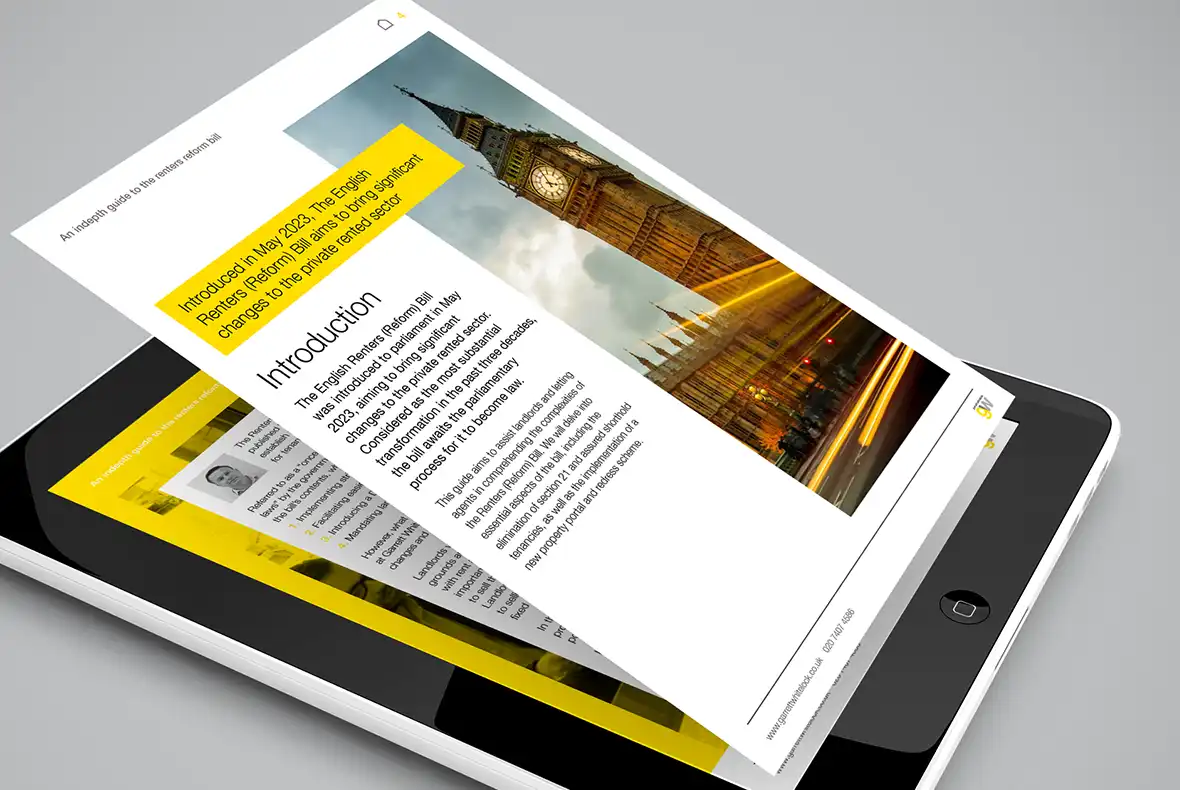 Mock up of iPad showing pages of the Garrett Whitelock renters reform e-brochure