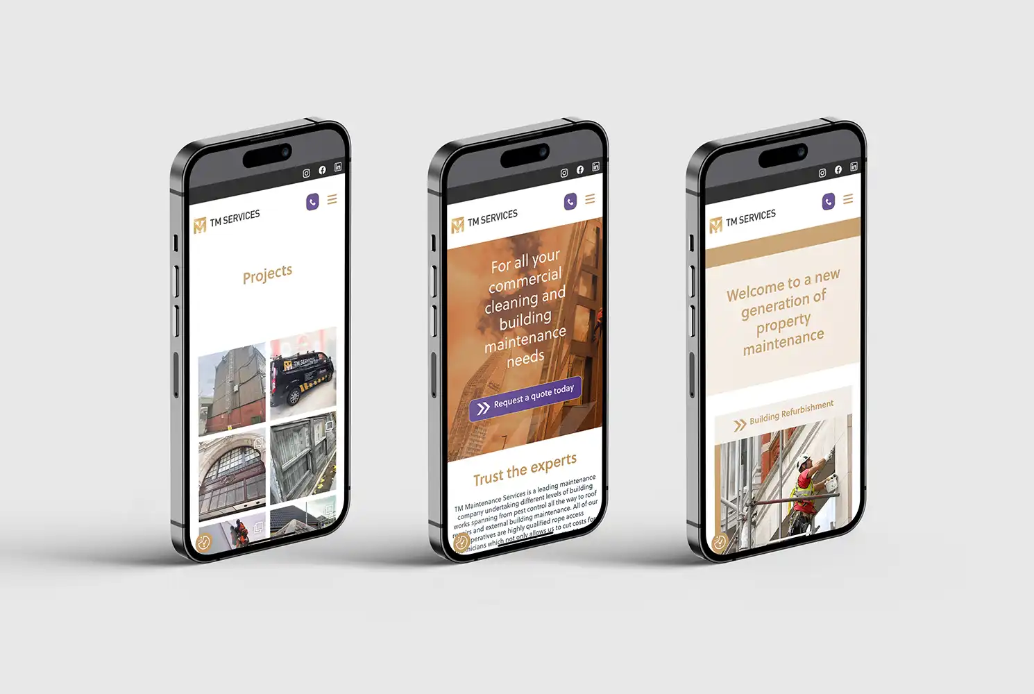 Mock up showing the TM Maintenance Services mobile website, showing 3 different pages on 3 separate screens.