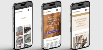 Mock up showing the TM Maintenance Services mobile website, showing 3 different pages on 3 separate screens.