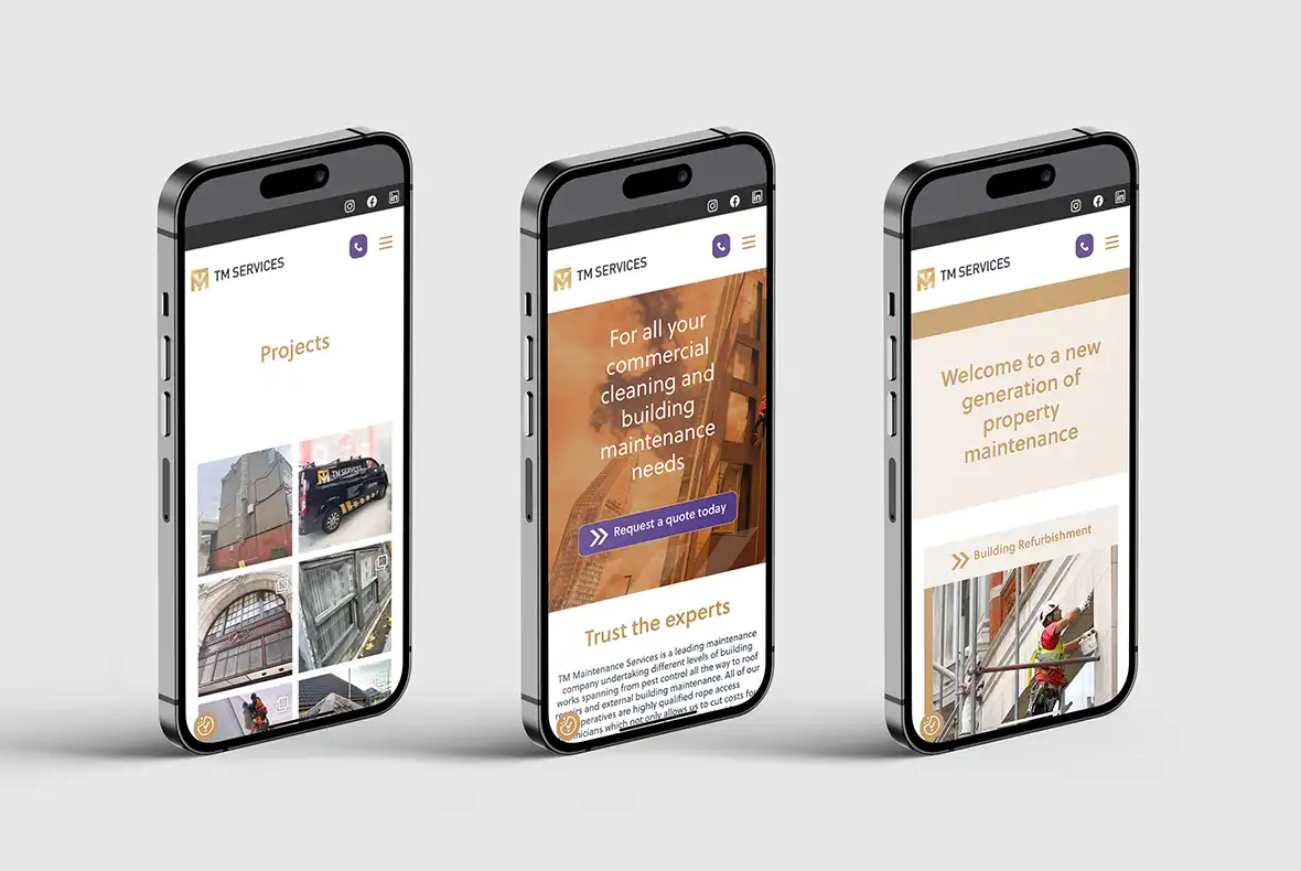 Mock up showing the TM Maintenance Services mobile website, showing 3 different pages on 3 separate screens.