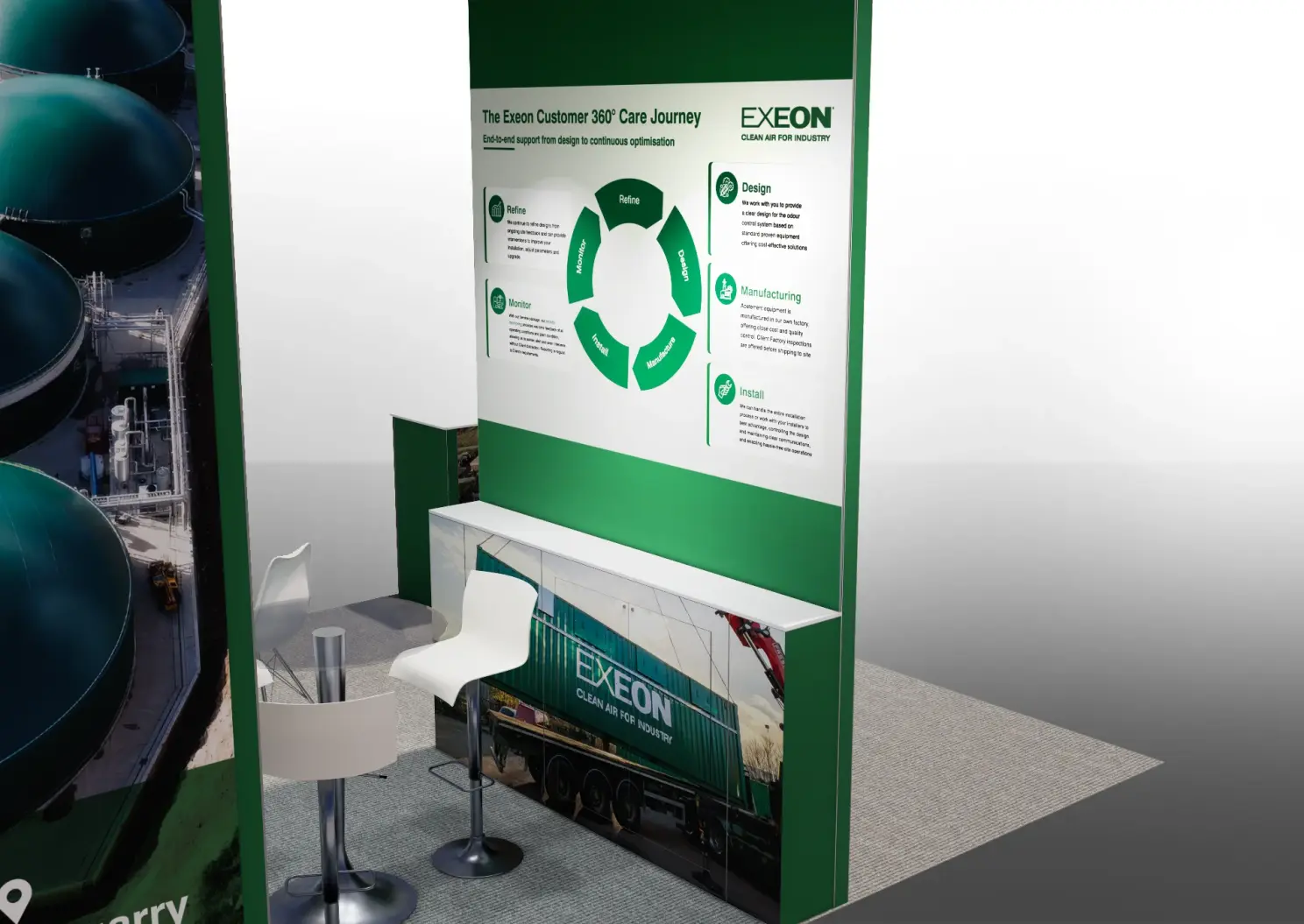 Mock up of Exeon exhibition stand showing detailed information graphics