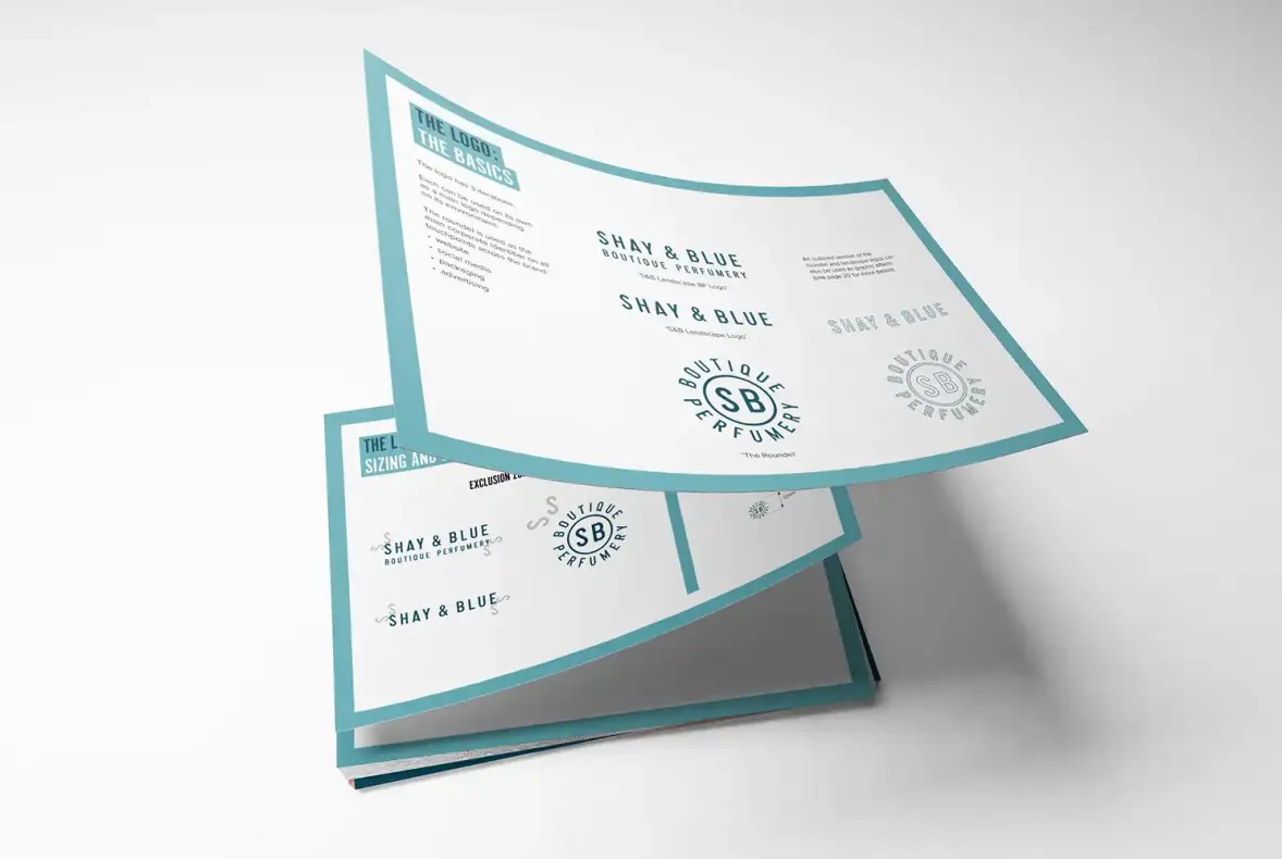 Mock up showing pages from the Shay & Blue brand guidelines