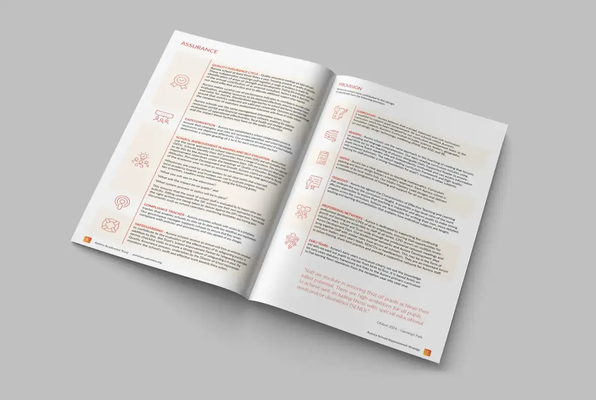 Mockup showing icon usage in the Aurora School Improvement brochure