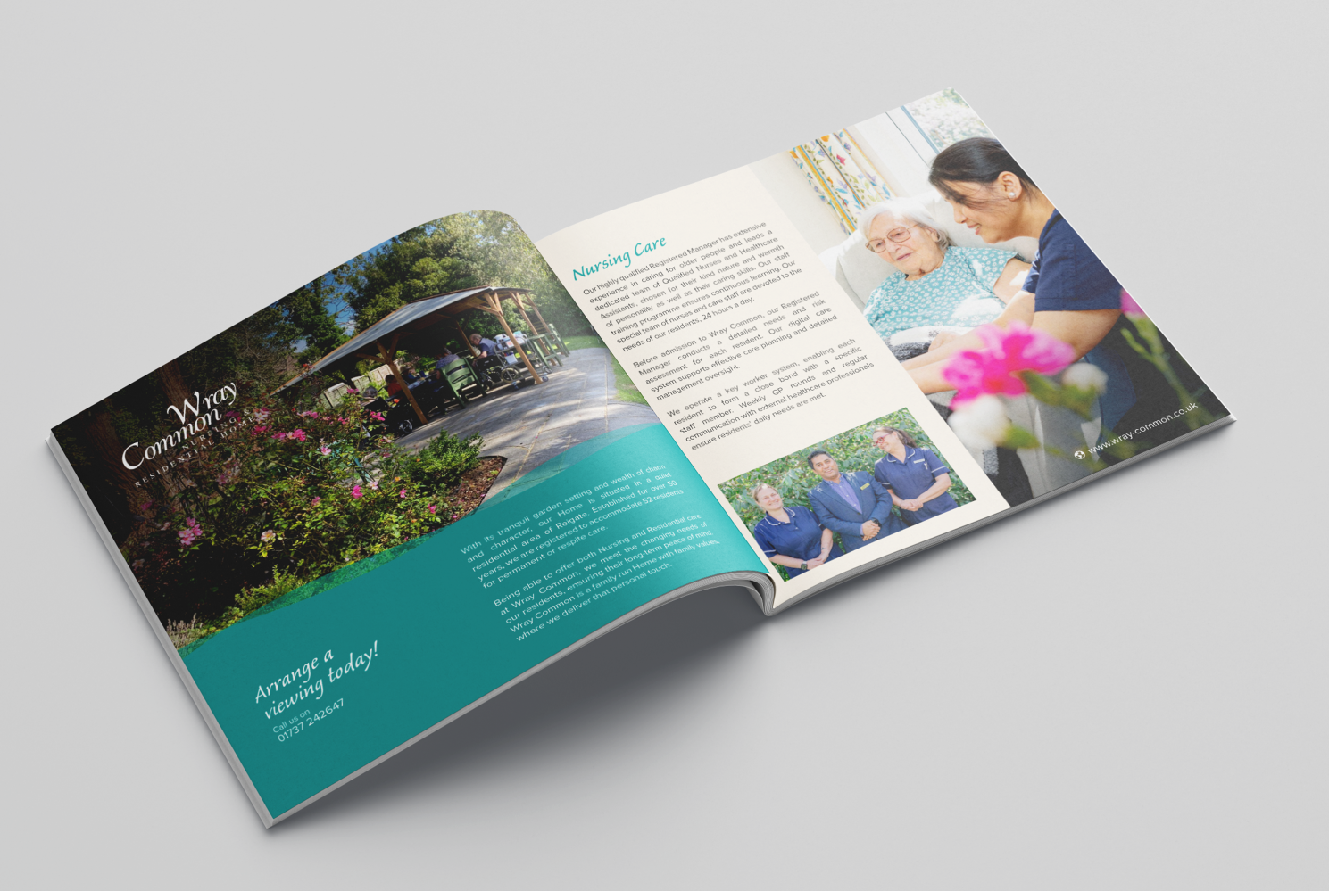 Wray Common Nursing & Residential Home brochure inside double-page spread layout
